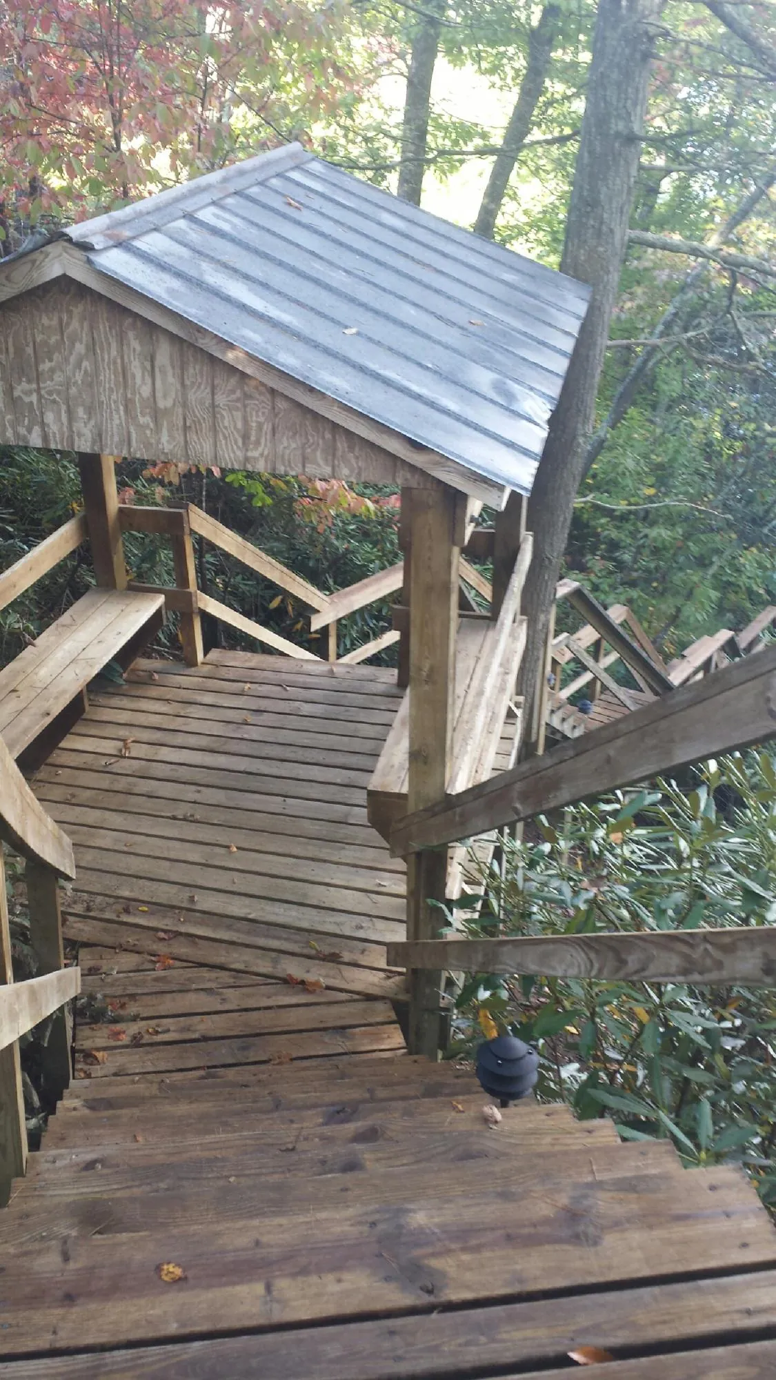 Metal roofed shelter over wooden steps on a wooded walkway — Skylight Repair & Installation work by our crew in Round Top